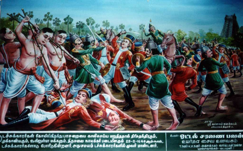 In the meanwhile the people at Tiruchendur gathered a force consisting of four elephants, 50 to 60 horses, and 500 to 600 men to oust the Dutch out of the temple. The attempt was unsuccessful with the loss of 50 men of the Nayak forces. The people were utterly helpless and sorely tried. 