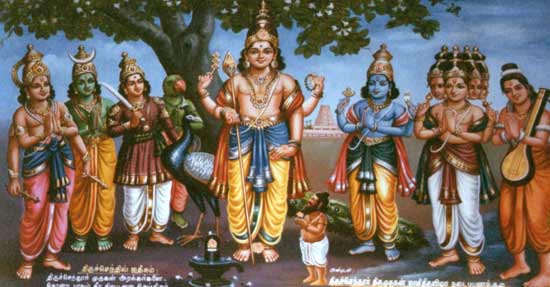 Muruga appears in Tiruchendur to answer the devas' prayers